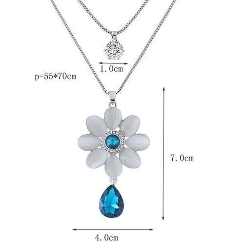 GRACEFUL BLUE FLOWER PENDANT TWO LAYERS LONG FASHION NECKLACE