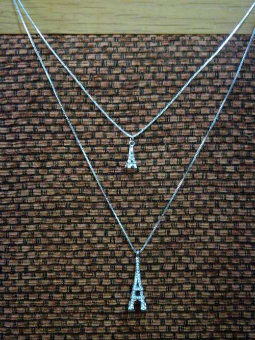 Long Sweater Double Chain Silver Colored Crystal Eiffel Tower Fashion Necklace