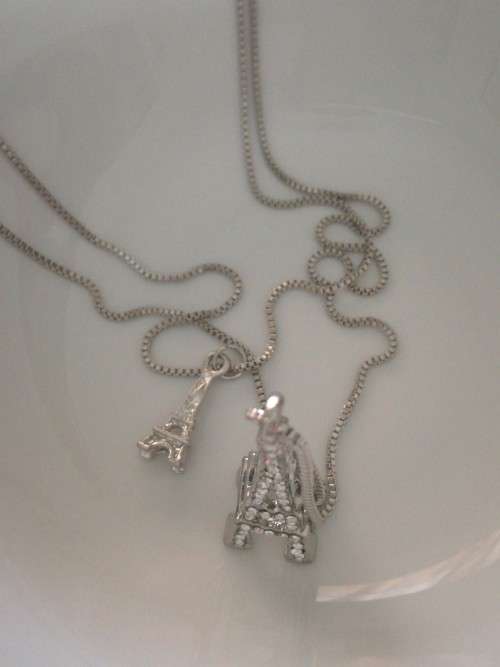 Long Sweater Double Chain Silver Colored Crystal Eiffel Tower Fashion Necklace