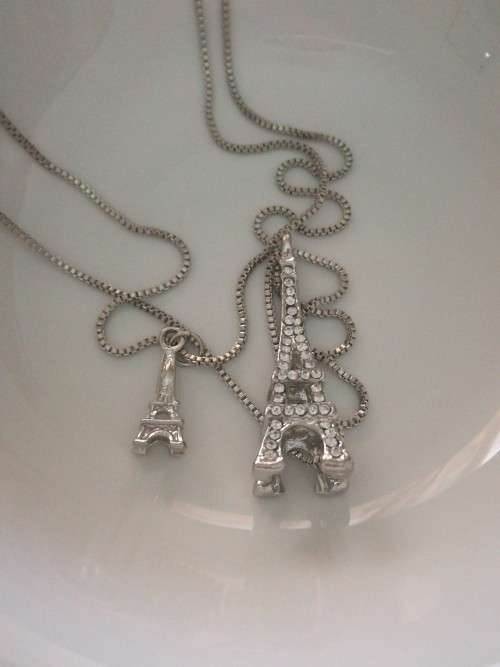 Long Sweater Double Chain Silver Colored Crystal Eiffel Tower Fashion Necklace