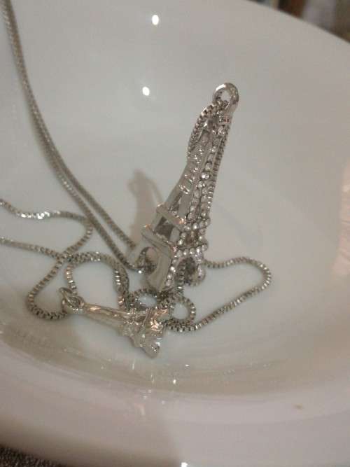 Long Sweater Double Chain Silver Colored Crystal Eiffel Tower Fashion Necklace
