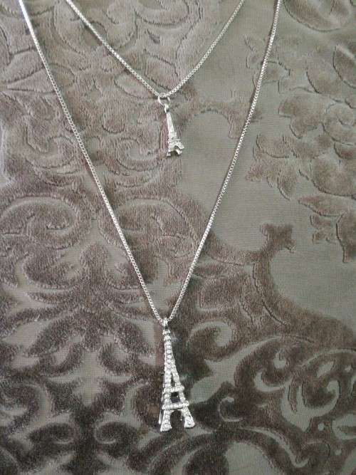 Long Sweater Double Chain Silver Colored Crystal Eiffel Tower Fashion Necklace