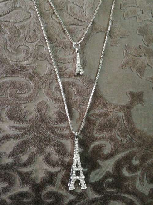 Long Sweater Double Chain Silver Colored Crystal Eiffel Tower Fashion Necklace