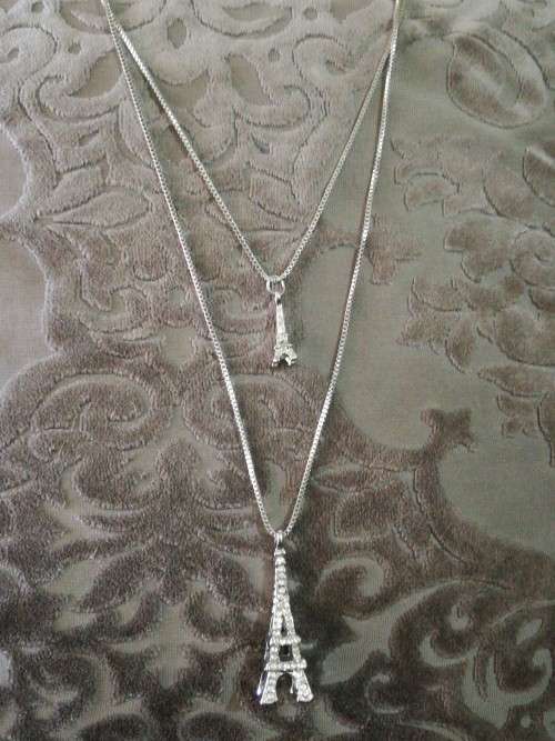 Long Sweater Double Chain Silver Colored Crystal Eiffel Tower Fashion Necklace