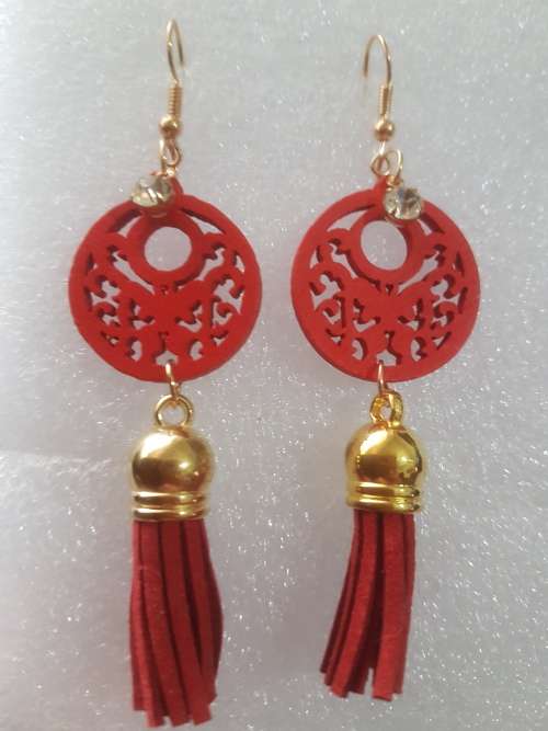 Fashion Wooden Bohemian Long Tassel Dangle Earrings - Red