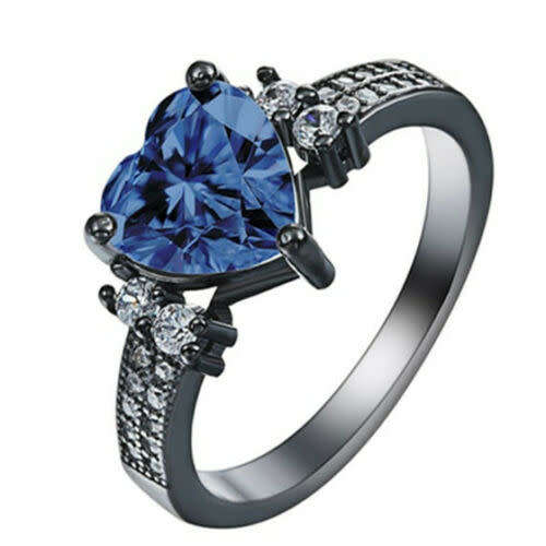 Black Gold Filled Love Heart Shape Sapphire Wedding Ring Size 7