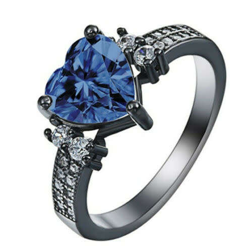Black Gold Filled Love Heart Shape Sapphire Wedding Ring Size 7