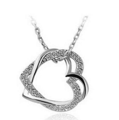 Double Heart Crystal Rhinestone Chain Pendant Necklace - White