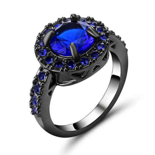 Cocktail Woman Blue Aquamarine Sapphire 10K black Gold Filled Size 6