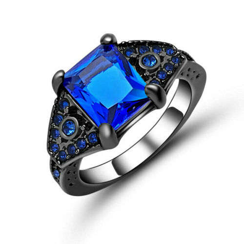 Blue Sapphire 18K Black Gold Filled Women's Wedding Ring Size 6