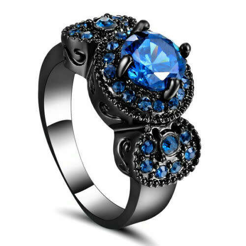 Blue Round Sapphire 10Kt Black Gold Filled Ring Size 7