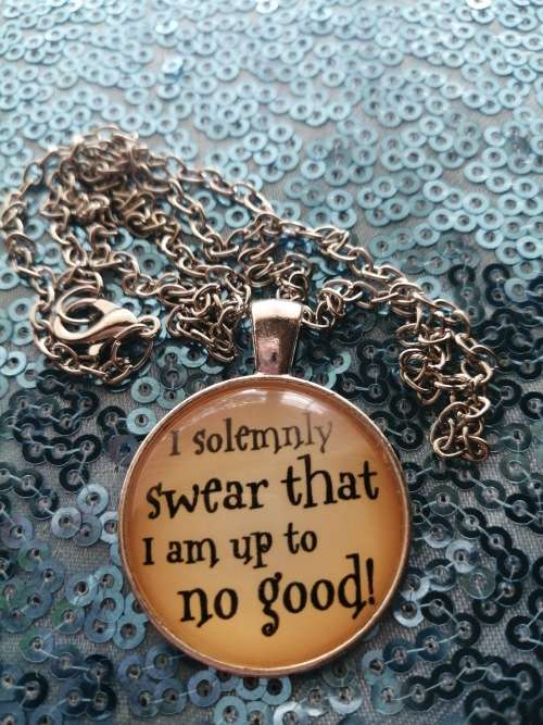 I Solemnly Swear That I Am Up To No Good Cabochon Glass Silver Chain Necklace