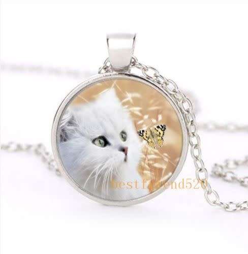 Cute White Kitten and Butterfly Glass Cabochon Silver Pendant Necklace
