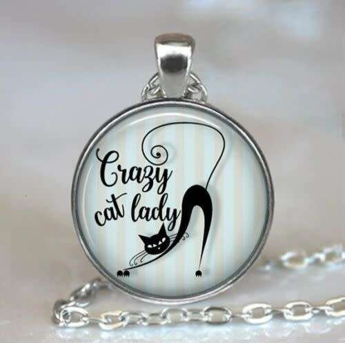 "Crazy Cat Lady" Cabochon Glass Silver Pendant Necklace