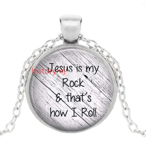 "Jesus is my rock....." Cabochon Glass Silver Pendant Necklace