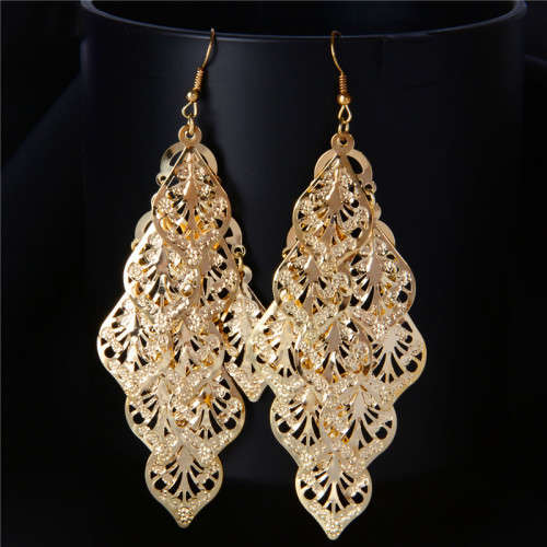 Fashion Earrings Hollow Metal Leaves Leaf Long Dangle - Gold Color