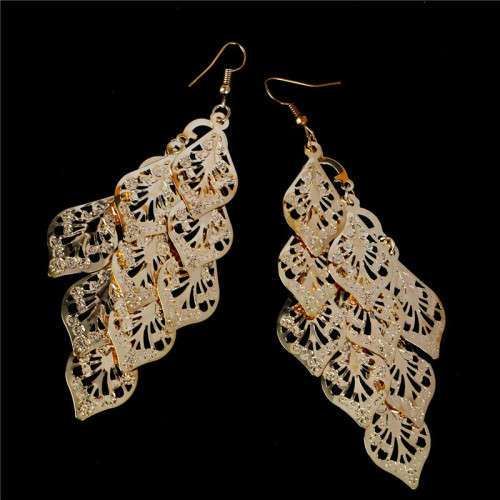 Fashion Earrings Hollow Metal Leaves Leaf Long Dangle - Gold Color