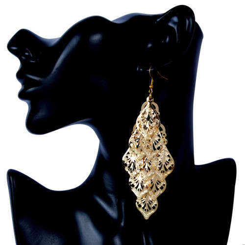Fashion Earrings Hollow Metal Leaves Leaf Long Dangle - Gold Color