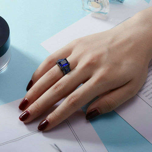 Exquisite Black Gold Filled Blue Stone Ring Size 7