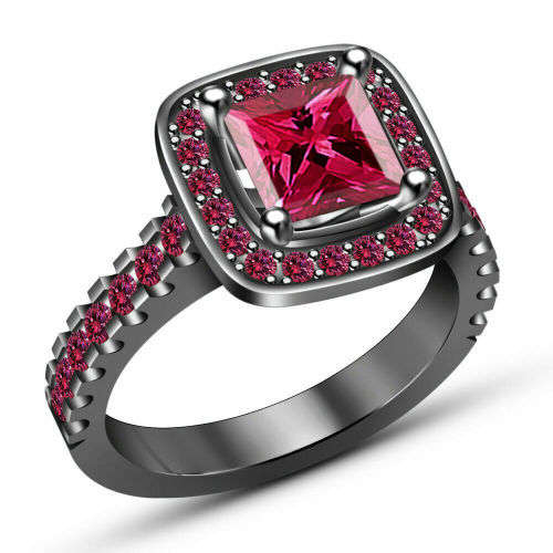 Princess Red Square Zircon 14K Black Gold Plated Ring Size 9