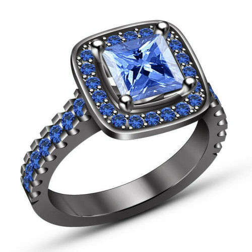 Princess Blue Square Zircon 14K Black Gold Plated Ring Size 7