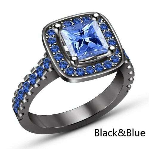 Princess Blue Square Zircon 14K Black Gold Plated Ring Size 7
