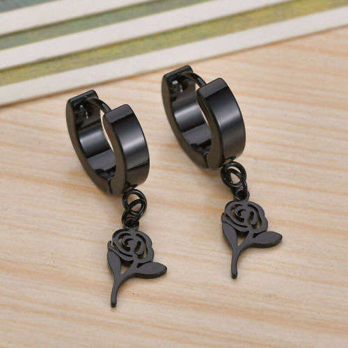 Men's Black Rose Non Allergic Ear Buckle Punk Stainless Steel Earrings