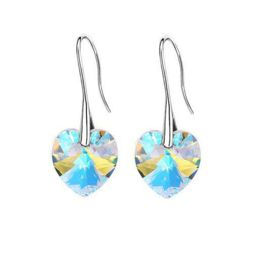 Silver White Rhinestone Heart Shape Hook Earrings