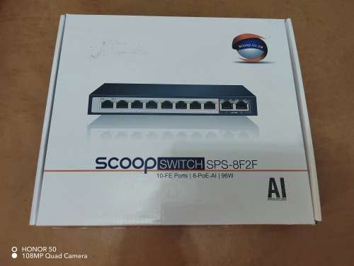 Scoop 8 Port Fast Ethernet Switch with 8 AI PoE Ports and 2 GE Uplink