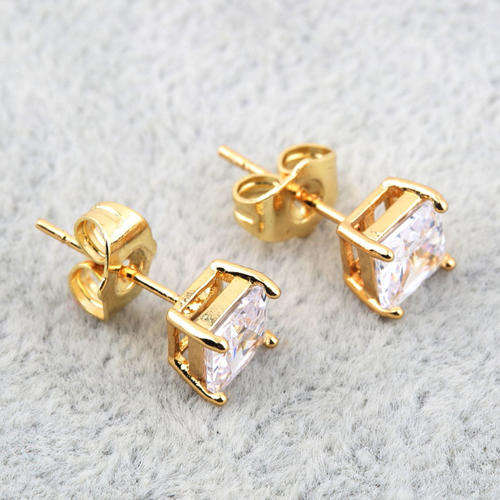 Superb 18K Gold Filled Clear CZ Square Elegant Shiny Rhinestone Stud Earrings