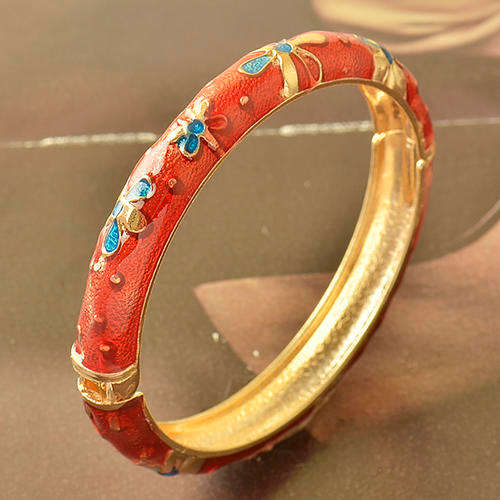 9K Yellow Gold Filled Enamel Flower Bracelet,Bangle