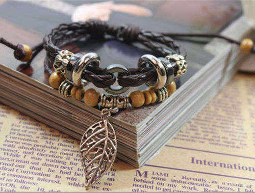 Leather Cute Lots Charm Wrap Bracelet Silver Leaves