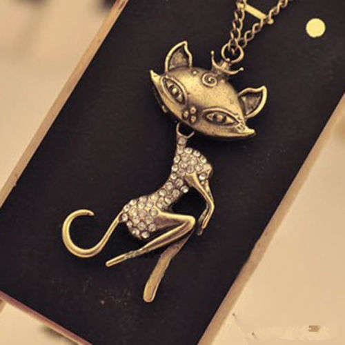 Sexy Cat Crystal Rhinestone Long Necklace