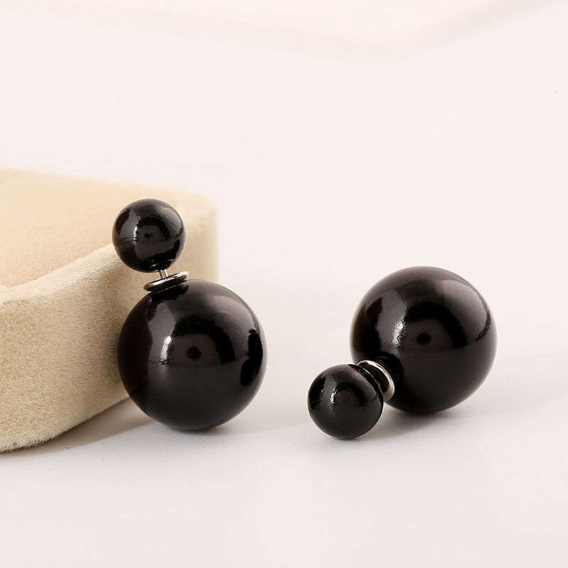 Black Beads Double Sides Round Two Ball Ear Stud Plug Earrings Pierced