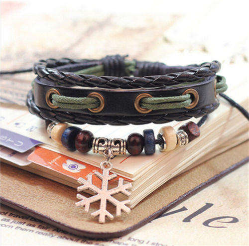Leather Cute Lots Charm Wrap Bracelet Silver Gold Snowflake