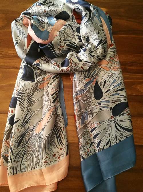 Silk feel scarf, shades of pink, blues and grey