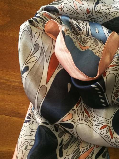 Silk feel scarf, shades of pink, blues and grey