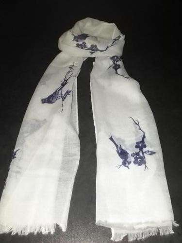 White scarf with navy bird motif