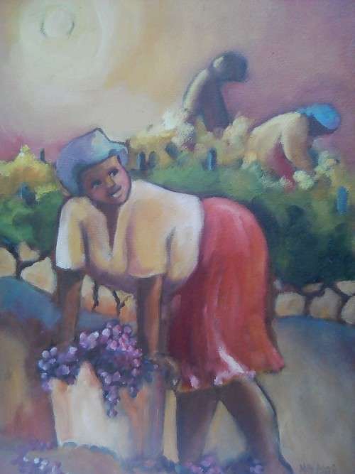 LOVELY OIL PAINTING BY MAY PAGE, `GRAPE PICKERS` 60.5 X 40.5