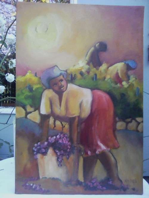 LOVELY OIL PAINTING BY MAY PAGE, `GRAPE PICKERS` 60.5 X 40.5