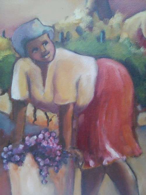 LOVELY OIL PAINTING BY MAY PAGE, `GRAPE PICKERS` 60.5 X 40.5