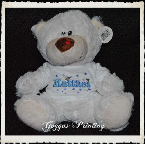 Teddy bear white with personalized t-shirt- 30cm when sitting