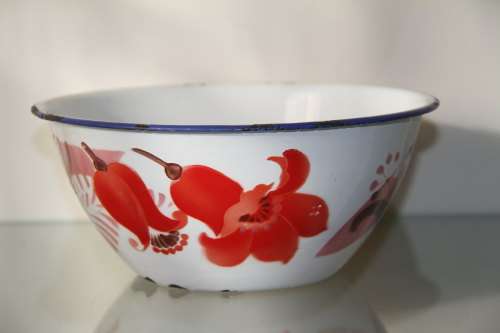 Enamel dish - white with hand-painted floral design