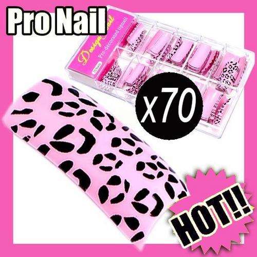 HOT!! 70x Leopard Pink Acrylic Gel French Nails Tips