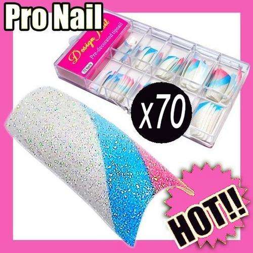 HOT!! 70x Airbrush Glitter Pink White Blue Acrylic Gel French Nails Tips