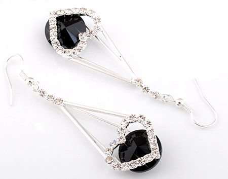 Stunning!! ** Silver & Black Crystal Heart Evening Prom Dangle Earrings**