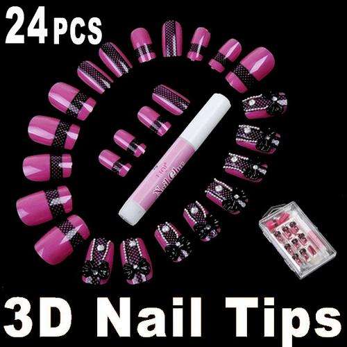 HOT!! 24x Black Bow Pink Lace Design Full Nails Tips
