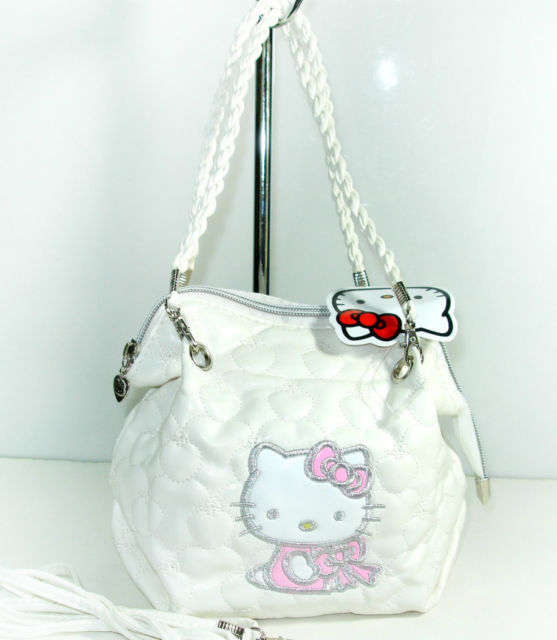 White Leather Ladies Hello Kitty Zipper Hand Bag with Shoulder Straps