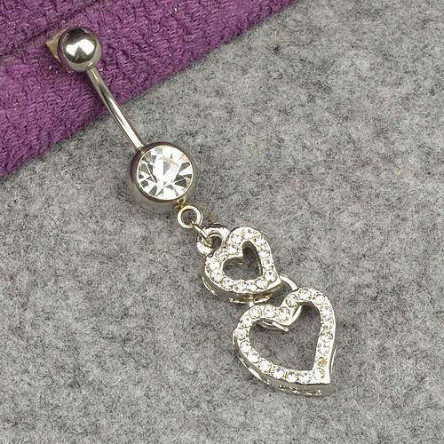 Hot!! * Silver Hearts Diamante Dangle Navel Belly Ring *