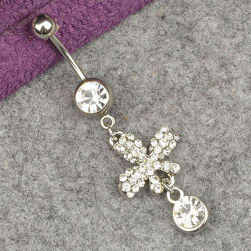 Hot!! * Silver Bow Diamante Dangle Navel Belly Ring *